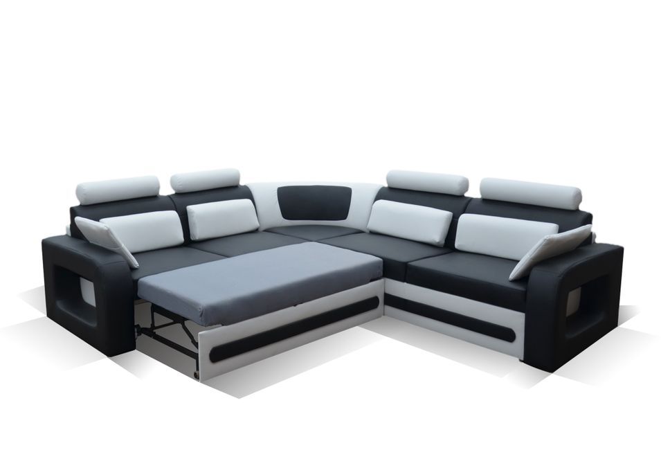 Canapé d'angle gauche original et moderne simili cuir noir et blanc Kaming 270 cm - Photo n°4