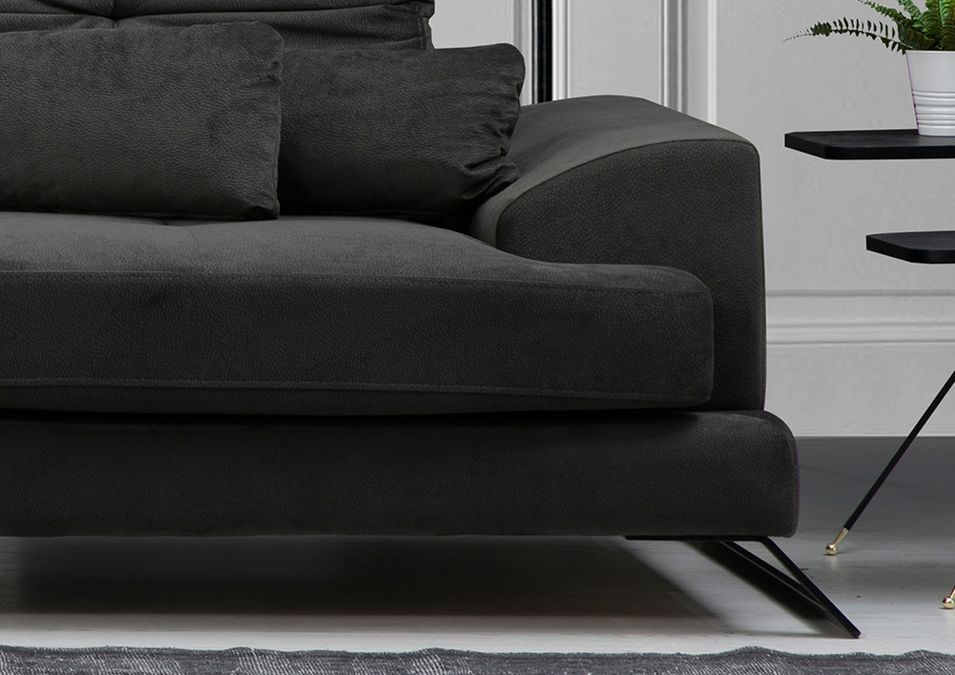 Canapé d'angle gauche velours anthracite avec têtières relevables et pieds metal noir Briko 308 cm - Photo n°9