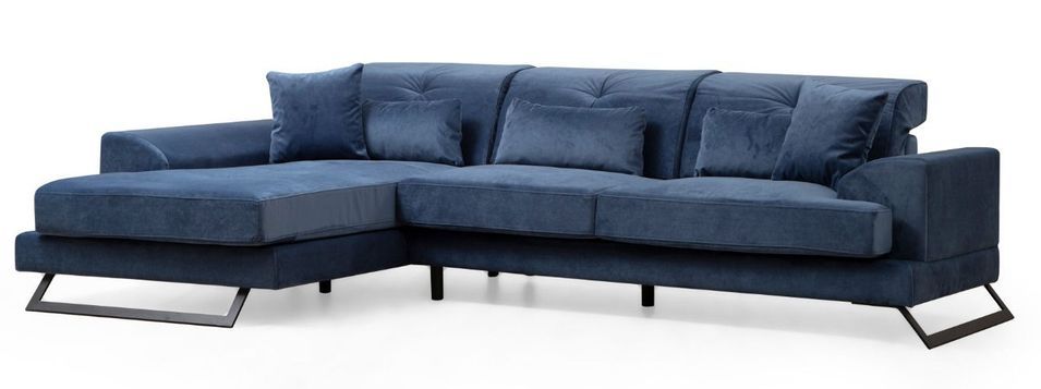 Canapé d'angle gauche velours bleu avec têtières relevables et pieds metal noir Briko 308 cm - Photo n°1