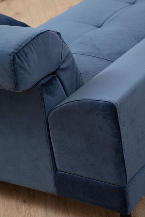 Canapé d'angle gauche velours bleu avec têtières relevables et pieds metal noir Briko 308 cm - Photo n°7
