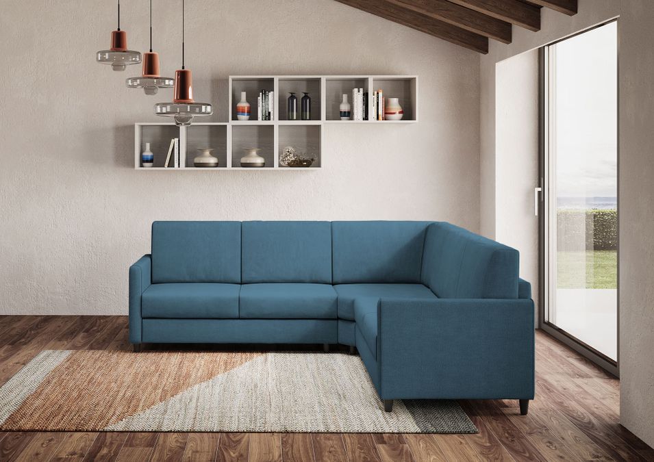 Canapé d'angle moderne italien tissu bleu Korane - 5 tailles - Photo n°3