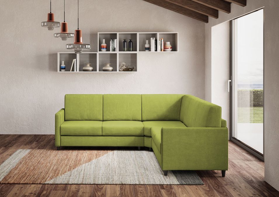 Canapé d'angle moderne italien tissu vert pistache Korane - 5 tailles - Photo n°2