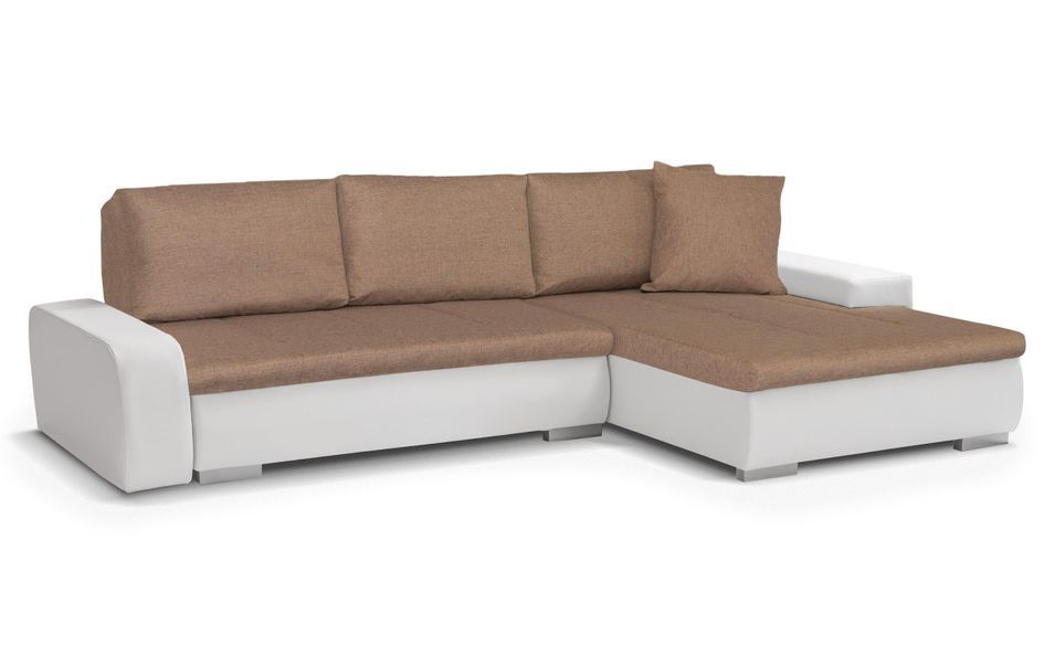 Canapé d'angle réversible convertible simili cuir blanc et tissu beige Bento - Photo n°1