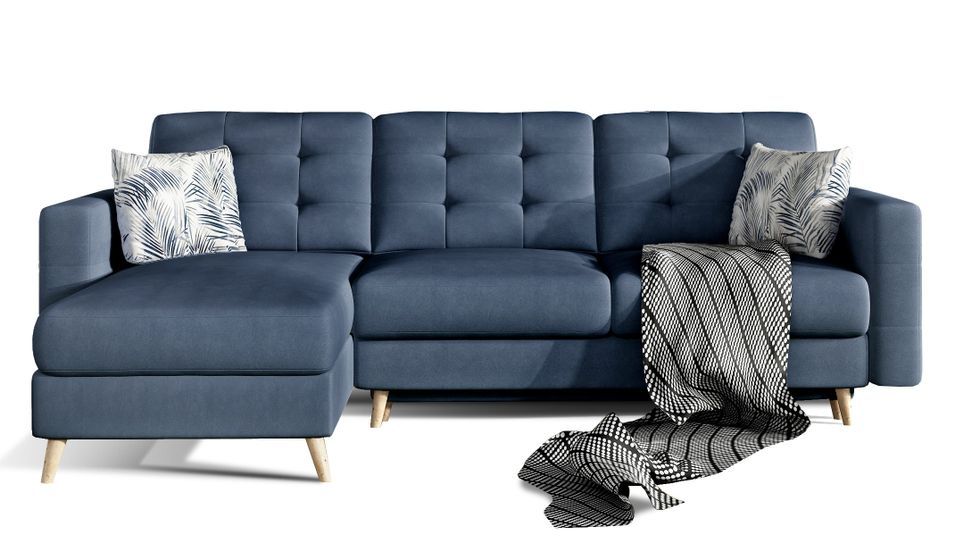 Canapé d'angle réversible et convertible tissu doux bleu turquin Anska 250 cm - Photo n°1