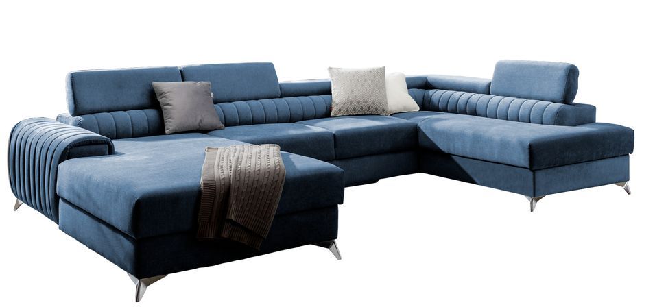Canapé d'angle U tissu bleu coffre de rangement à droite Kalante 347 cm - Photo n°1