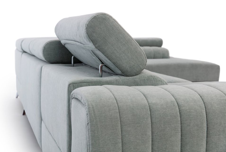 Canapé d'angle U tissu doux brillant gris clair coffre de rangement à droite Kalante 347 cm - Photo n°9