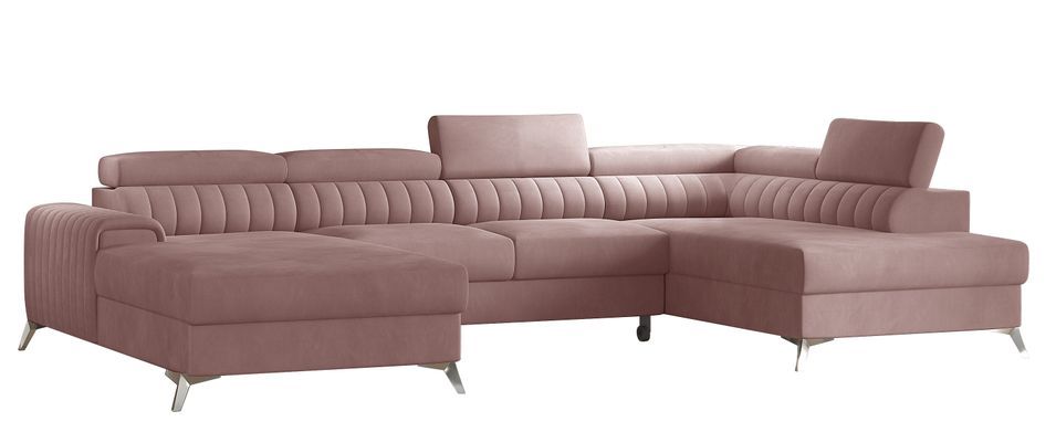 Canapé d'angle U tissu doux brillant rose coffre de rangement à droite Kalante 347 cm - Photo n°1