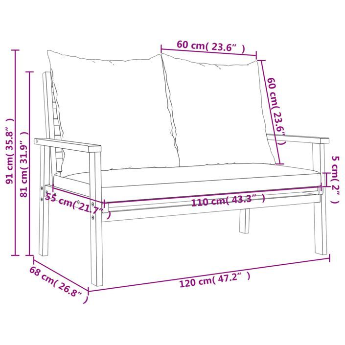 Canapé de jardin 120 cm avec coussin bois d'acacia massif - Photo n°8