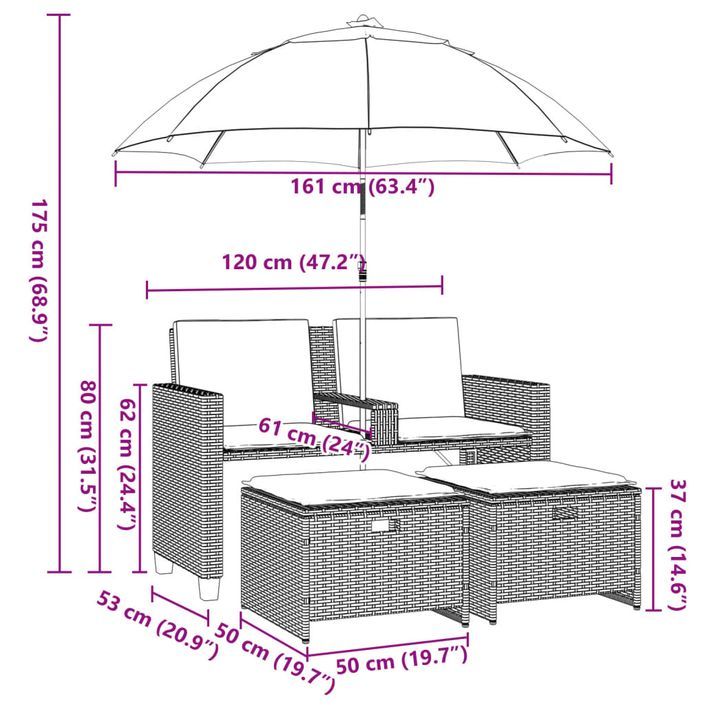 Canapé de jardin 2 places avec parasol et tabourets beige rotin - Photo n°12