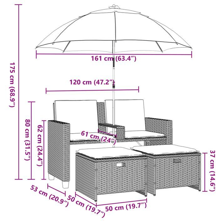 Canapé de jardin 2 places avec parasol et tabourets gris rotin - Photo n°12