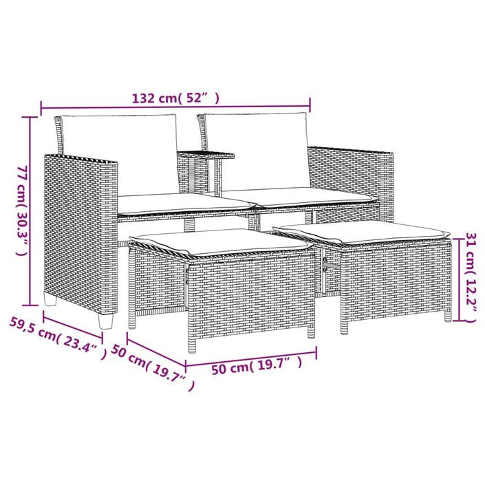 Canapé de jardin 2 places avec table et tabourets beige rotin - Photo n°11