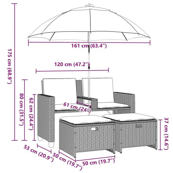 Canapé de jardin 2 places et parasol et tabourets marron rotin - Photo n°12