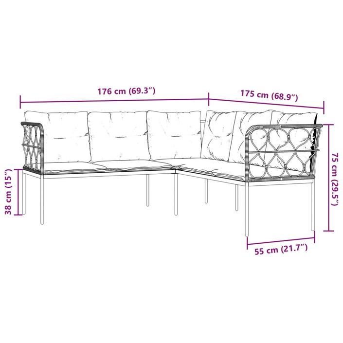 Canapé de jardin avec coussins forme de L noir acier textilène - Photo n°9