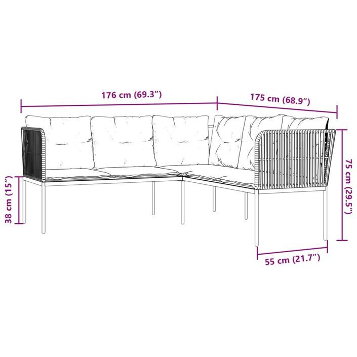 Canapé de jardin avec coussins forme de L noir acier textilène - Photo n°9