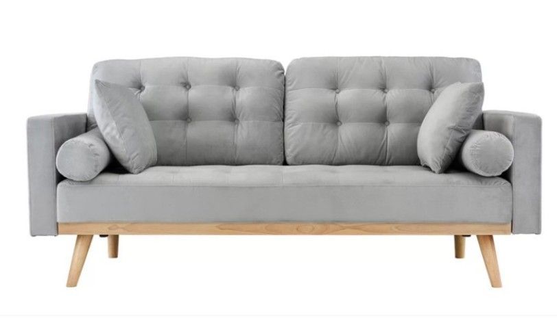 Canapé design scandinave bois et velours gris clair kandy - Photo n°1