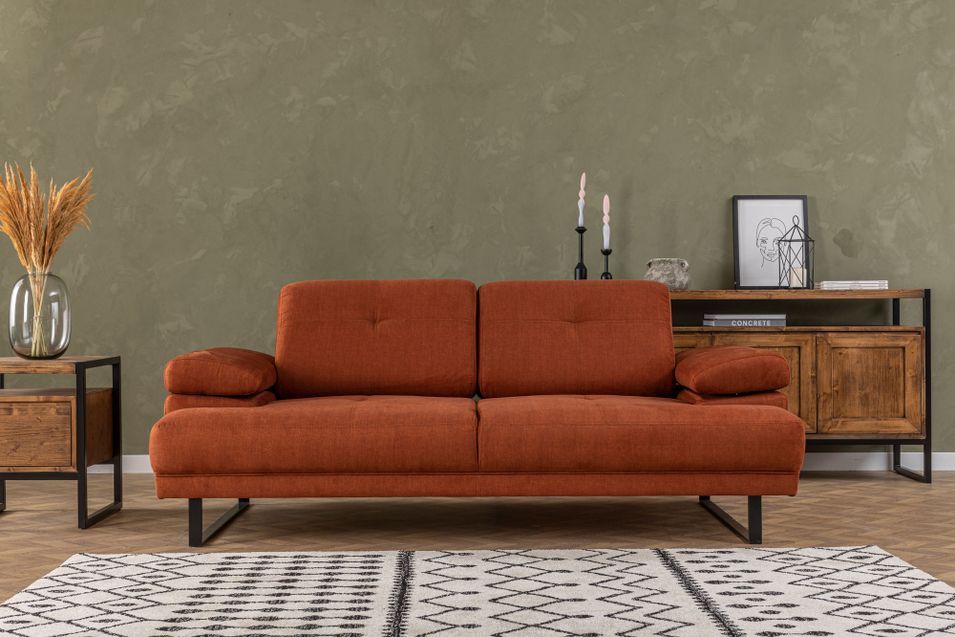 Canapé droit moderne 2 places tissu doux orange pieds métal noir Kustone 199 cm - Photo n°2