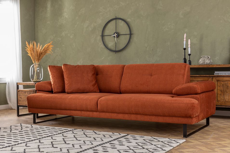 Canapé droit moderne 3 places tissu doux orange pieds métal noir Kustone 239 cm - Photo n°7