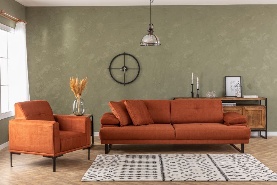 Canapé droit moderne 3 places tissu doux orange pieds métal noir Kustone 239 cm - Photo n°9