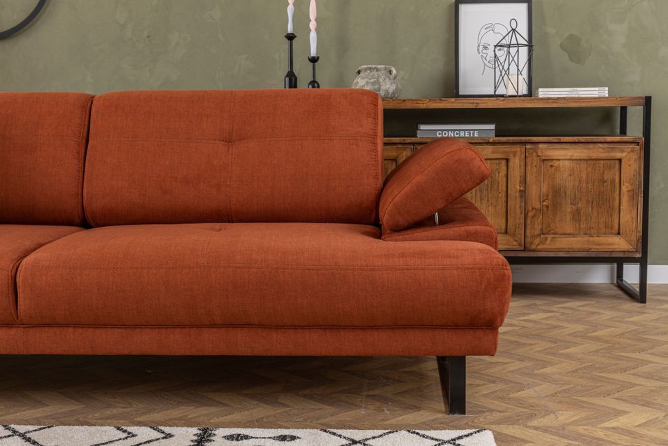 Canapé droit moderne 3 places tissu doux orange pieds métal noir Kustone 239 cm - Photo n°14