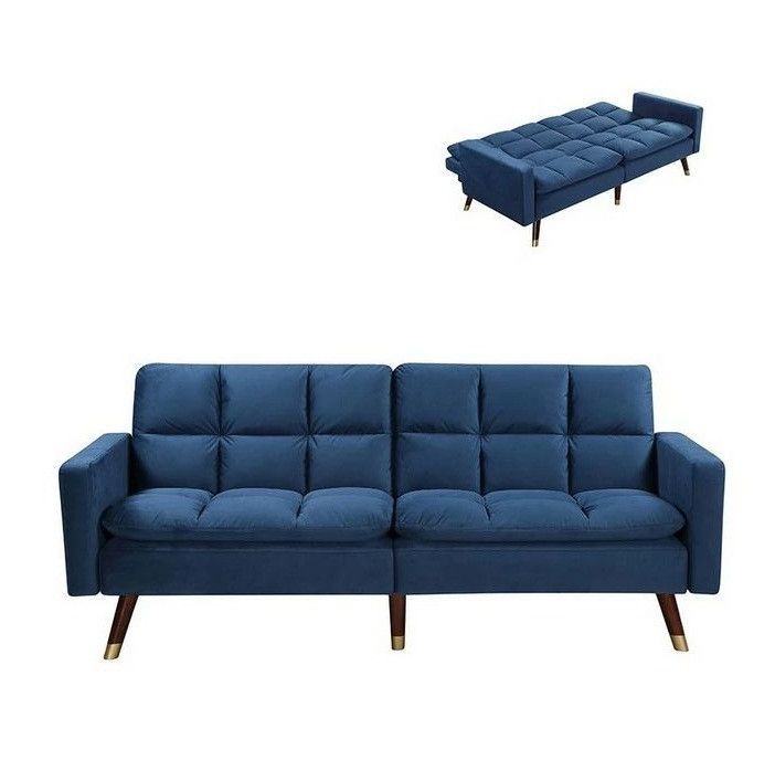 Canapé lit 2 places velours bleu et pieds effet laiton Ilash - Photo n°2