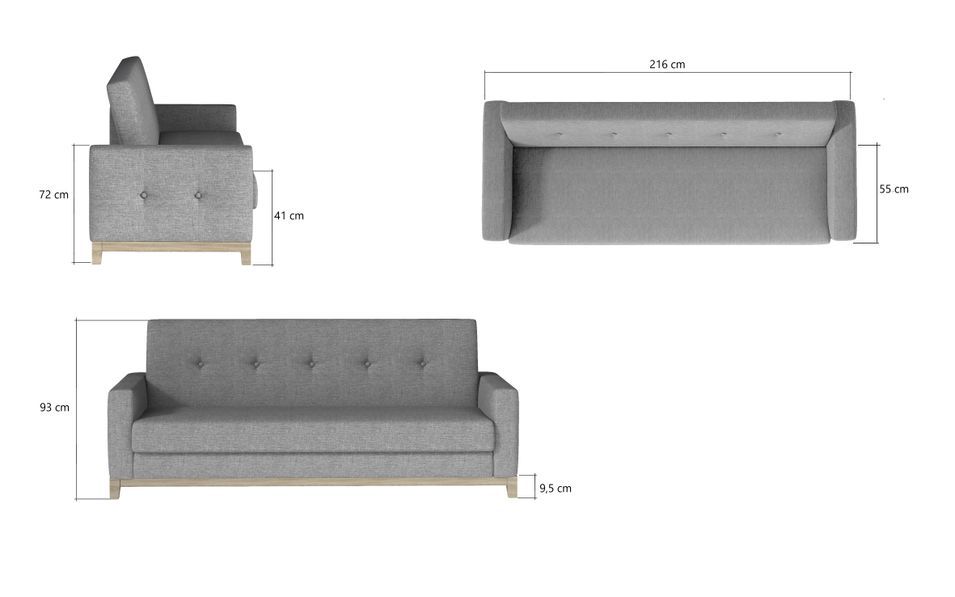 Canapé lit 3 places tissu bleu foncé et pieds en bois de hêtre Saline 216 cm - Photo n°11