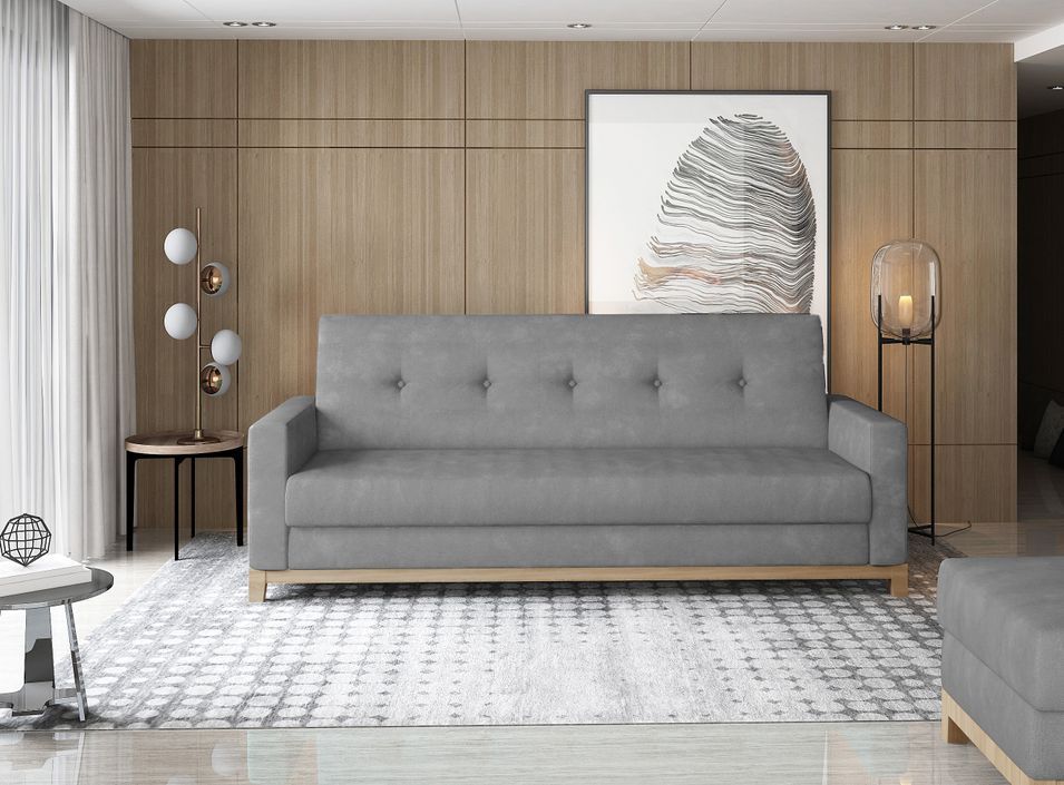 Canapé lit 3 places tissu gris et pieds en bois de hêtre Saline 216 cm - Photo n°1