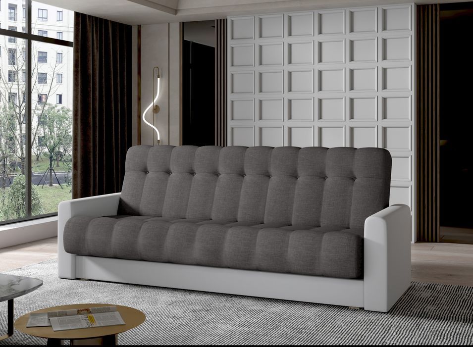 Canapé lit 3 places tissu gris foncé et simili cuir blanc Barote 210 cm - Photo n°1