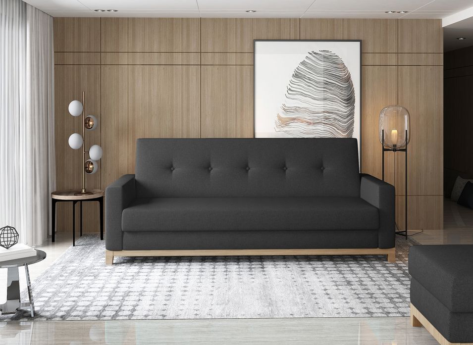 Canapé lit 3 places tissu noir et pieds en bois de hêtre Saline 216 cm - Photo n°1