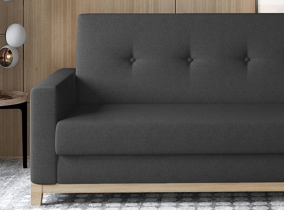 Canapé lit 3 places tissu noir et pieds en bois de hêtre Saline 216 cm - Photo n°2
