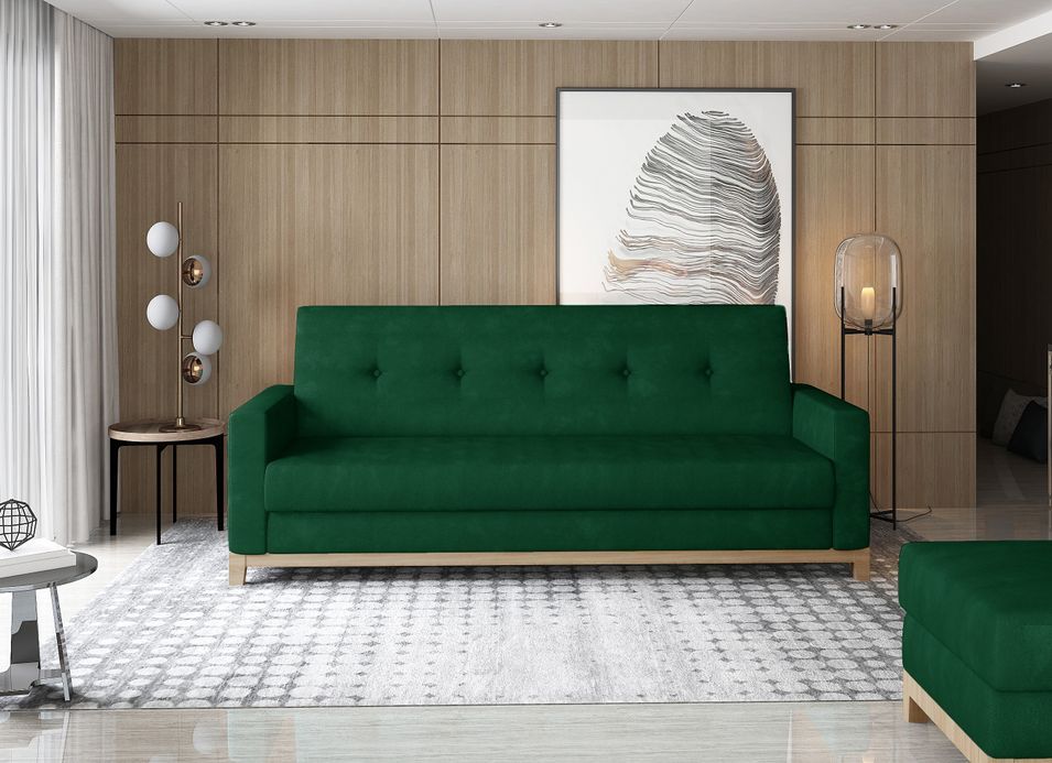 Canapé lit 3 places tissu vert foncé et pieds en bois de hêtre Saline 216 cm - Photo n°1