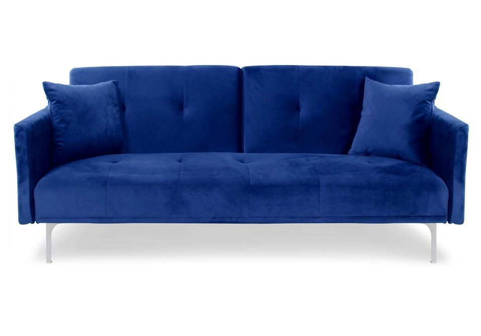 Canapé lit 3 places velours bleu et pieds métal gris Mindy - Photo n°1