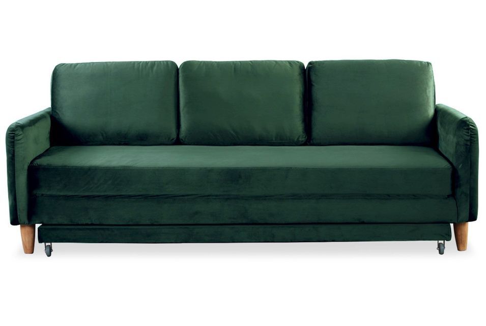 Canapé lit 3 places velours vert et pieds bois clair Lix 210 cm - Photo n°1