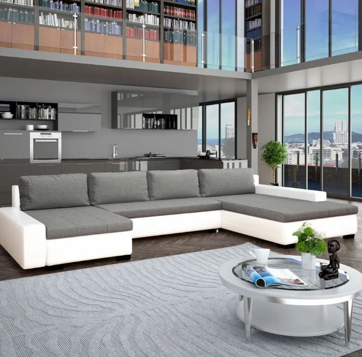 Canapé lit modulaire simili cuir blanc et gris clair Salma - Photo n°2