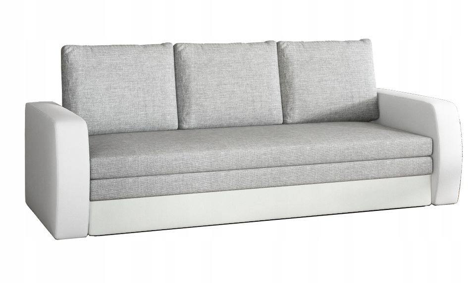 Canapé lit tissu gris clair et simili cuir blanc avec coffre de rangement Liverna 220 cm - Photo n°1