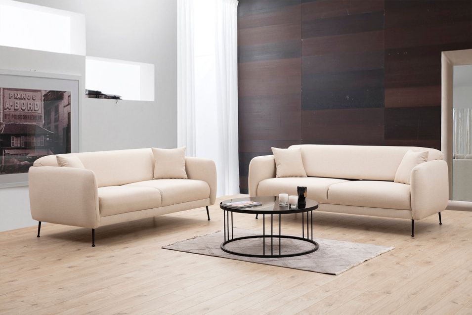 Canapé moderne 3 places tissu beige et pieds métal noir Kezila 214 cm - Photo n°3