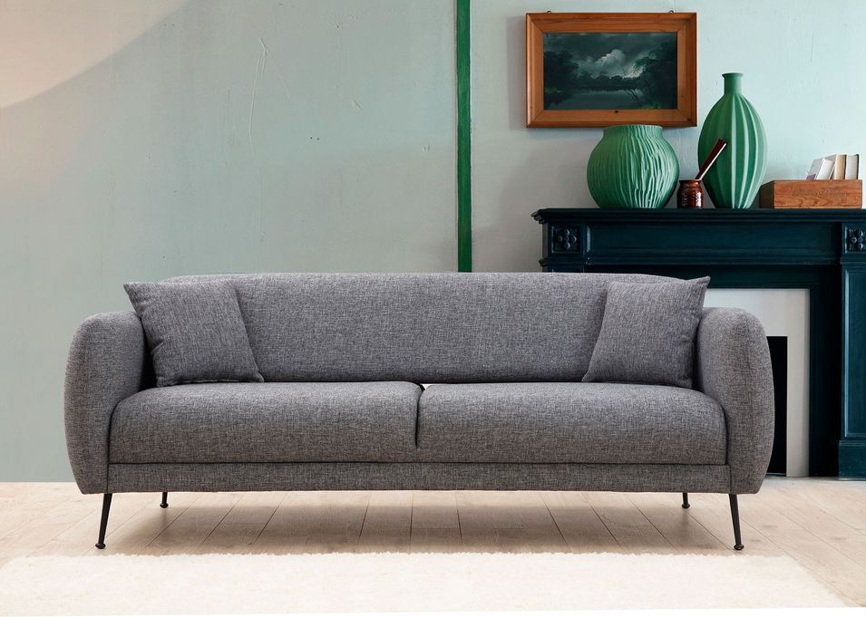 Canapé moderne 3 places tissu gris et pieds métal noir Kezila 214 cm - Photo n°1