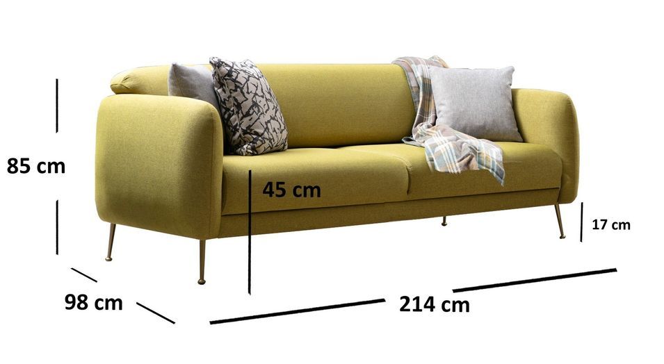 Canapé moderne 3 places tissu jaune et pieds métal noir Kezila 214 cm - Photo n°5