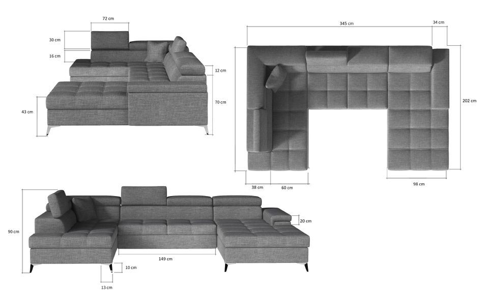 Canapé panoramique bi-matières tissu gris chiné et simili cuir gris coffre de rangement à gauche Kutty 345 cm - Photo n°15