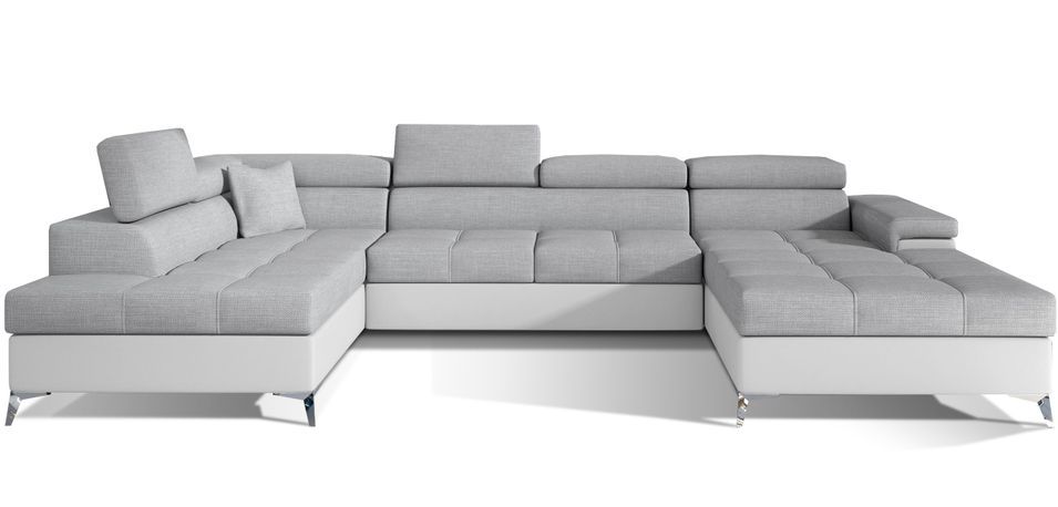 Canapé panoramique bi-matières tissu gris clair et simili cuir blanc coffre de rangement à gauche Kutty 345 cm - Photo n°1