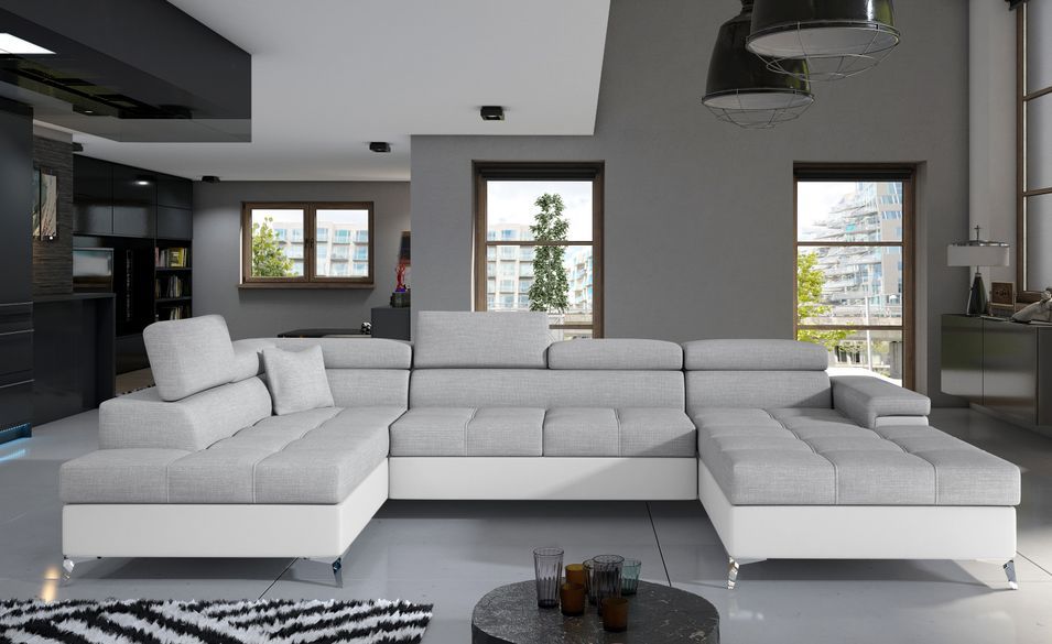 Canapé panoramique bi-matières tissu gris clair et simili cuir blanc coffre de rangement à gauche Kutty 345 cm - Photo n°2