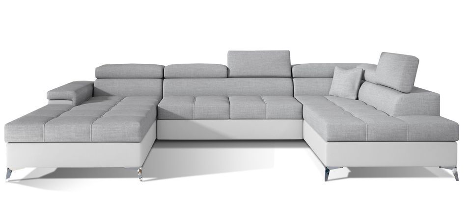 Canapé panoramique bi-matières tissu gris clair et simili cuir blanc coffre de rangement à droite Kutty 345 cm - Photo n°1