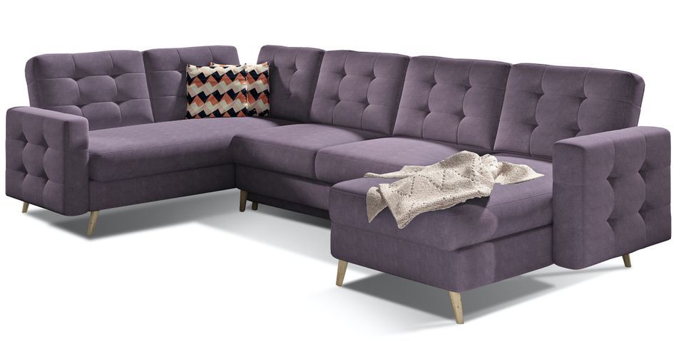 Canapé panoramique convertible capitonné tissu violet Anska 320 cm - Photo n°1