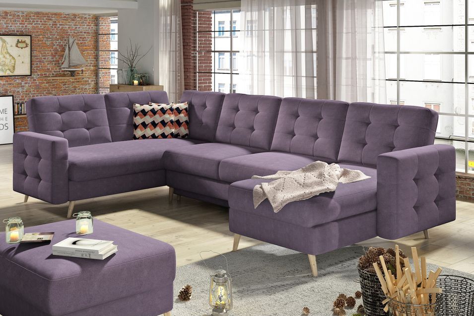 Canapé panoramique convertible capitonné tissu violet Anska 320 cm - Photo n°2