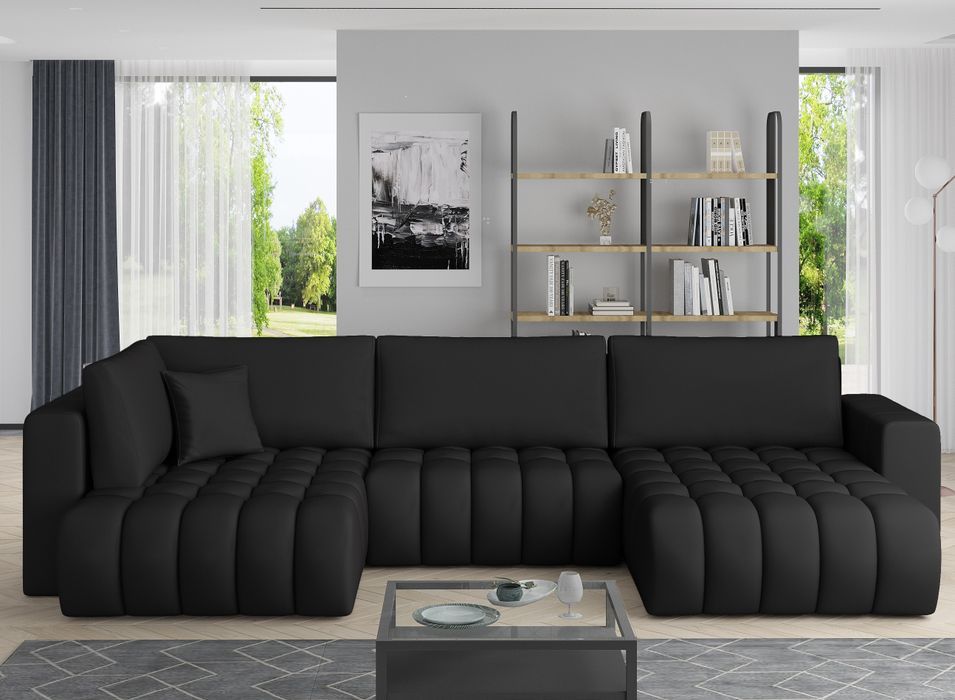 Canapé panoramique convertible design capitonné simili cuir noir méridienne droite Boston 350 cm - Photo n°1