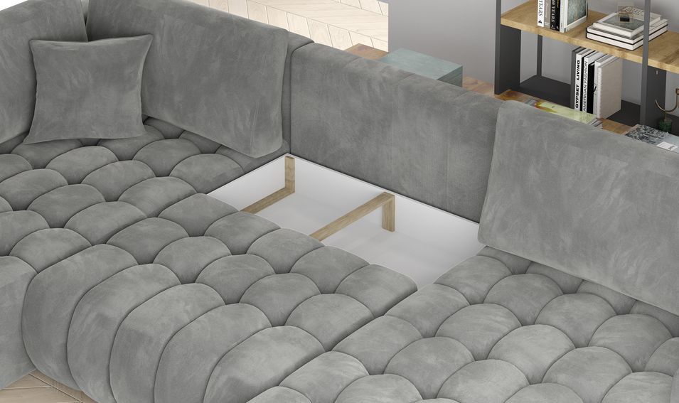 Canapé panoramique convertible design capitonné tissu effet cuir gris foncé méridienne droite Boston 350 cm - Photo n°8