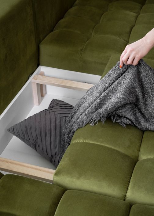 Canapé panoramique convertible design capitonné tissu gris clair méridienne gauche Boston 350 cm - Photo n°19