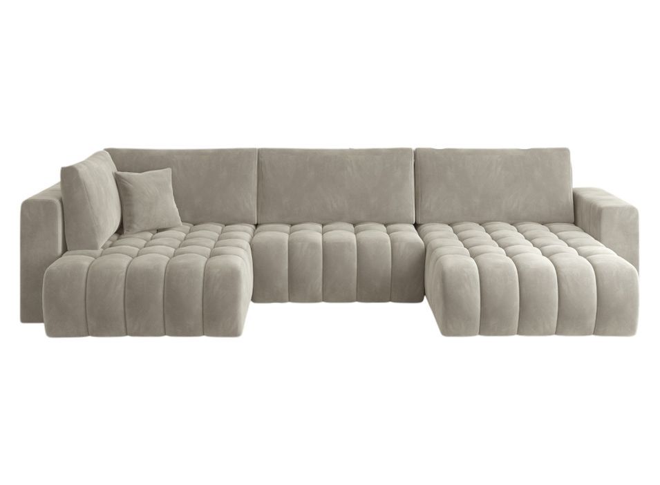 Canapé panoramique convertible design capitonné velours beige méridienne droite Boston 350 cm - Photo n°1