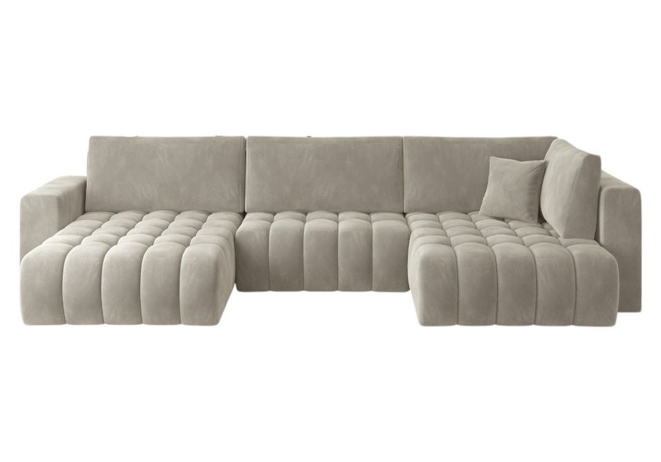 Canapé panoramique convertible design capitonné velours beige méridienne gauche Boston 350 cm - Photo n°1