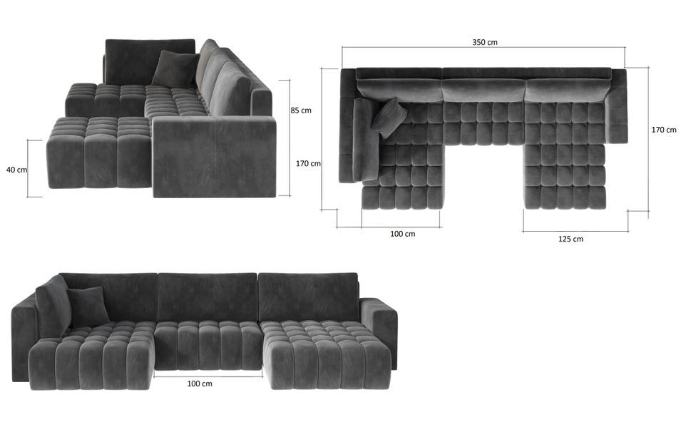 Canapé panoramique convertible design capitonné velours bleu canard méridienne droite Boston 350 cm - Photo n°10