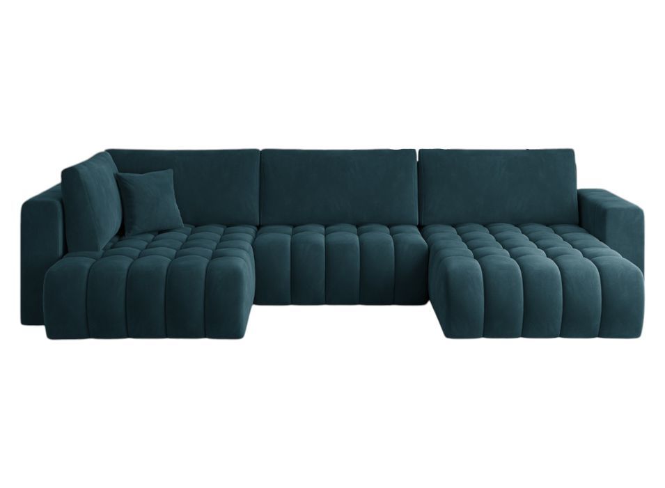 Canapé panoramique convertible design capitonné velours bleu canard méridienne droite Boston 350 cm - Photo n°1